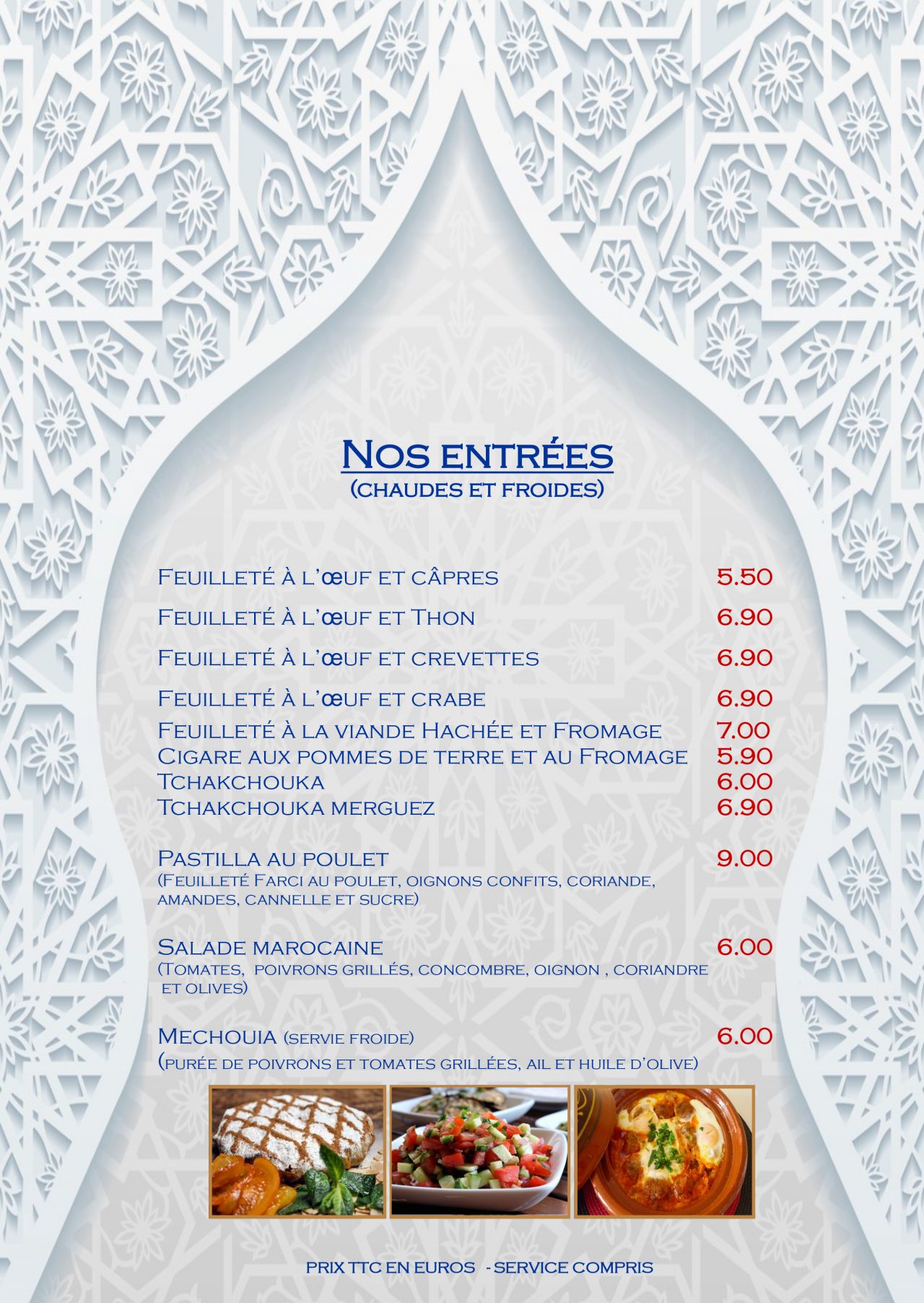 la carte Table marocaine Restaurant marocain